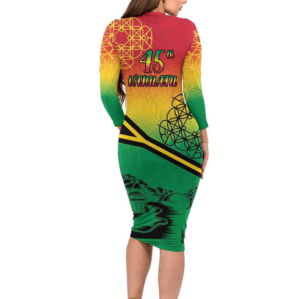 Hapi 45th Indipendens Dei Vanuatu Family Matching Long Sleeve Bodycon Dress and Hawaiian Shirt Yumi 1980 with Vanuatuan Beach Landscape