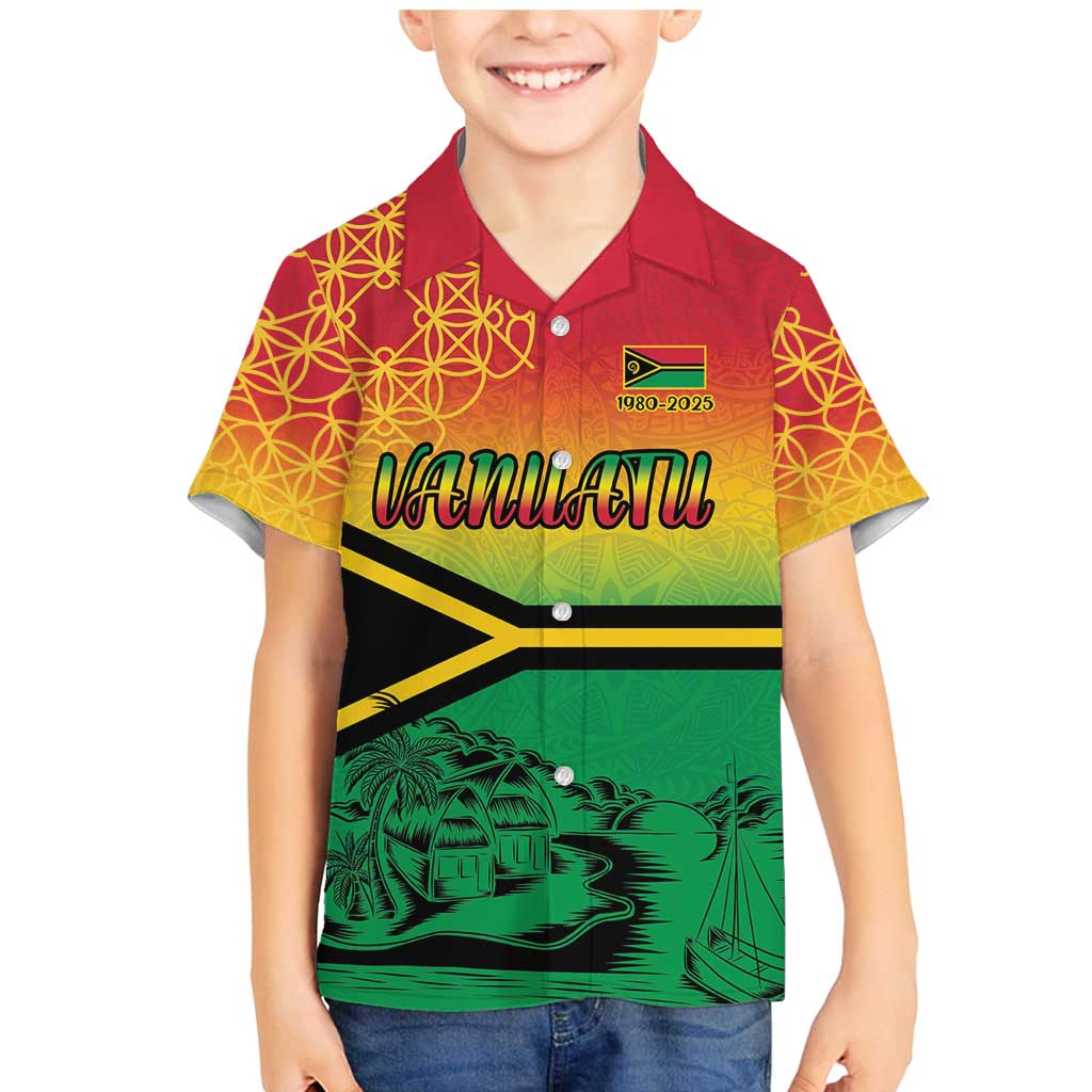 Hapi 45th Indipendens Dei Vanuatu Family Matching Mermaid Dress and Hawaiian Shirt Yumi 1980 with Vanuatuan Beach Landscape