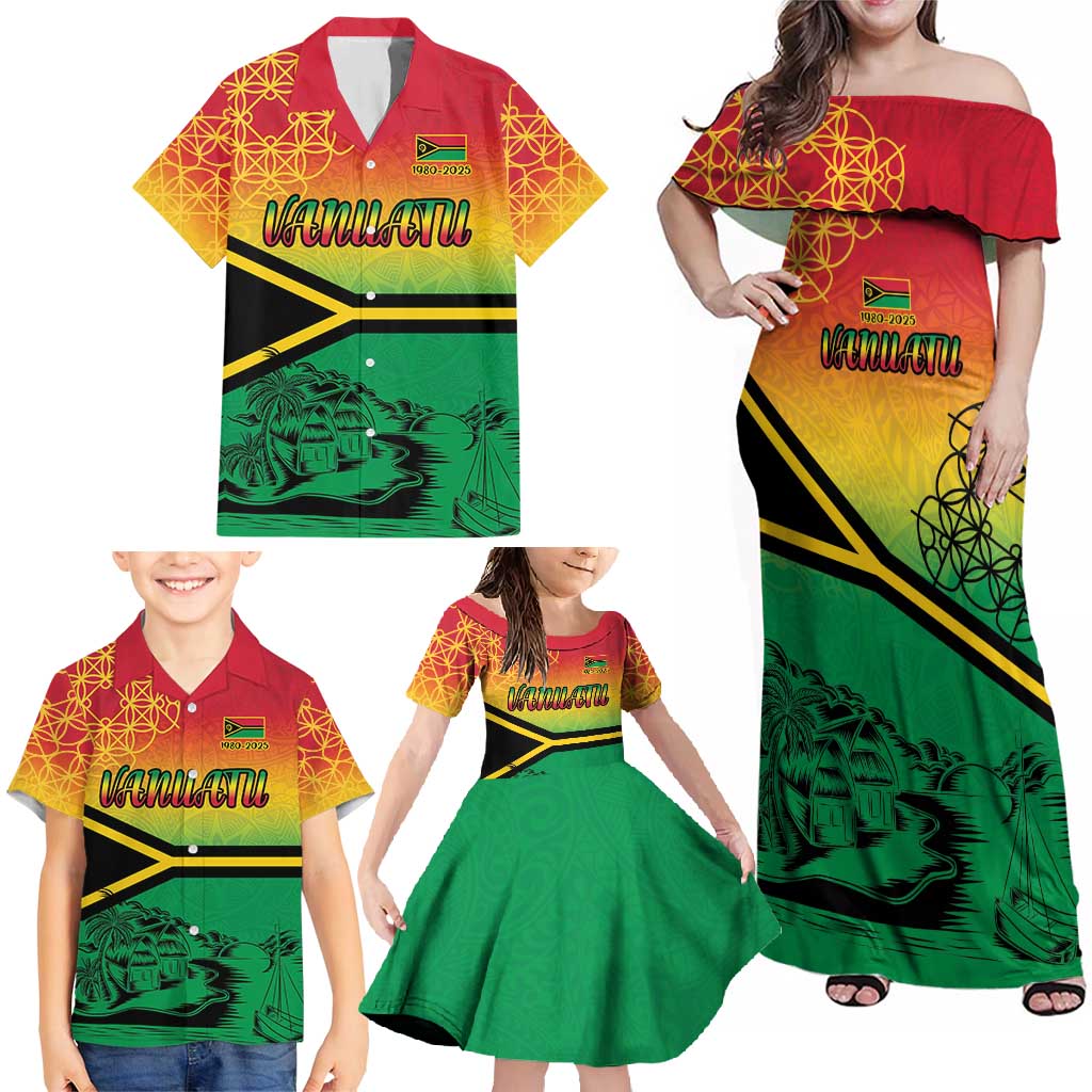 Hapi 45th Indipendens Dei Vanuatu Family Matching Off Shoulder Maxi Dress and Hawaiian Shirt Yumi 1980 with Vanuatuan Beach Landscape