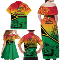 Hapi 45th Indipendens Dei Vanuatu Family Matching Off Shoulder Maxi Dress and Hawaiian Shirt Yumi 1980 with Vanuatuan Beach Landscape