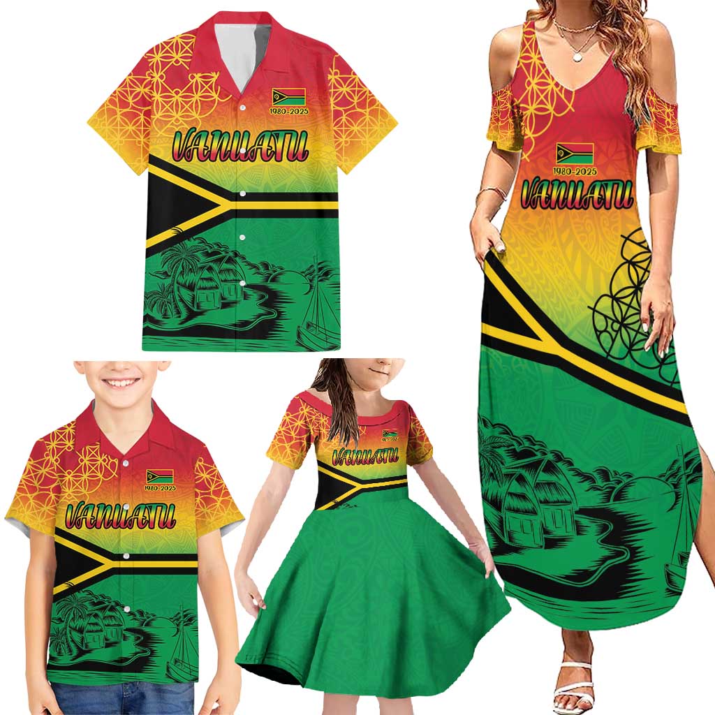 Hapi 45th Indipendens Dei Vanuatu Family Matching Summer Maxi Dress and Hawaiian Shirt Yumi 1980 with Vanuatuan Beach Landscape