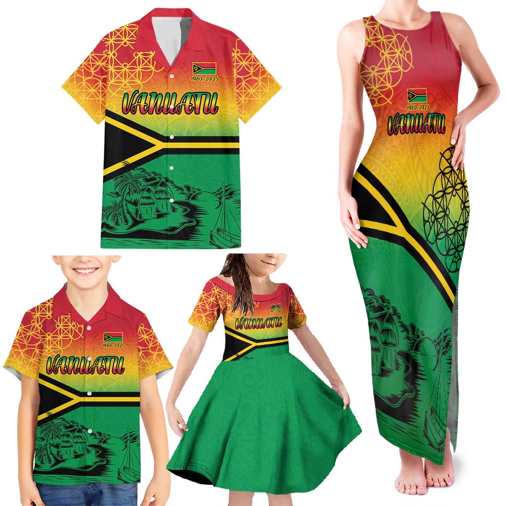 Hapi 45th Indipendens Dei Vanuatu Family Matching Tank Maxi Dress and Hawaiian Shirt Yumi 1980 with Vanuatuan Beach Landscape