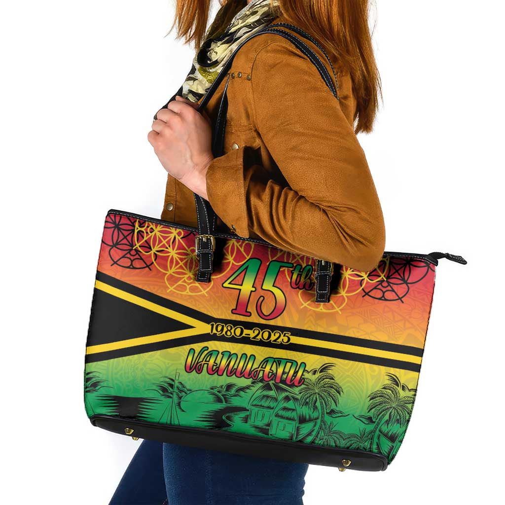 Hapi 45th Indipendens Dei Vanuatu Leather Tote Bag Yumi 1980 with Vanuatuan Beach Landscape