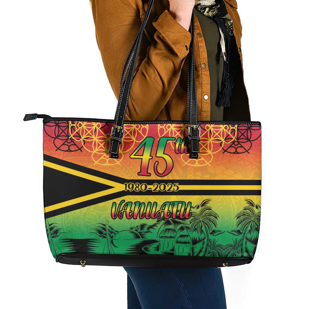 Hapi 45th Indipendens Dei Vanuatu Leather Tote Bag Yumi 1980 with Vanuatuan Beach Landscape