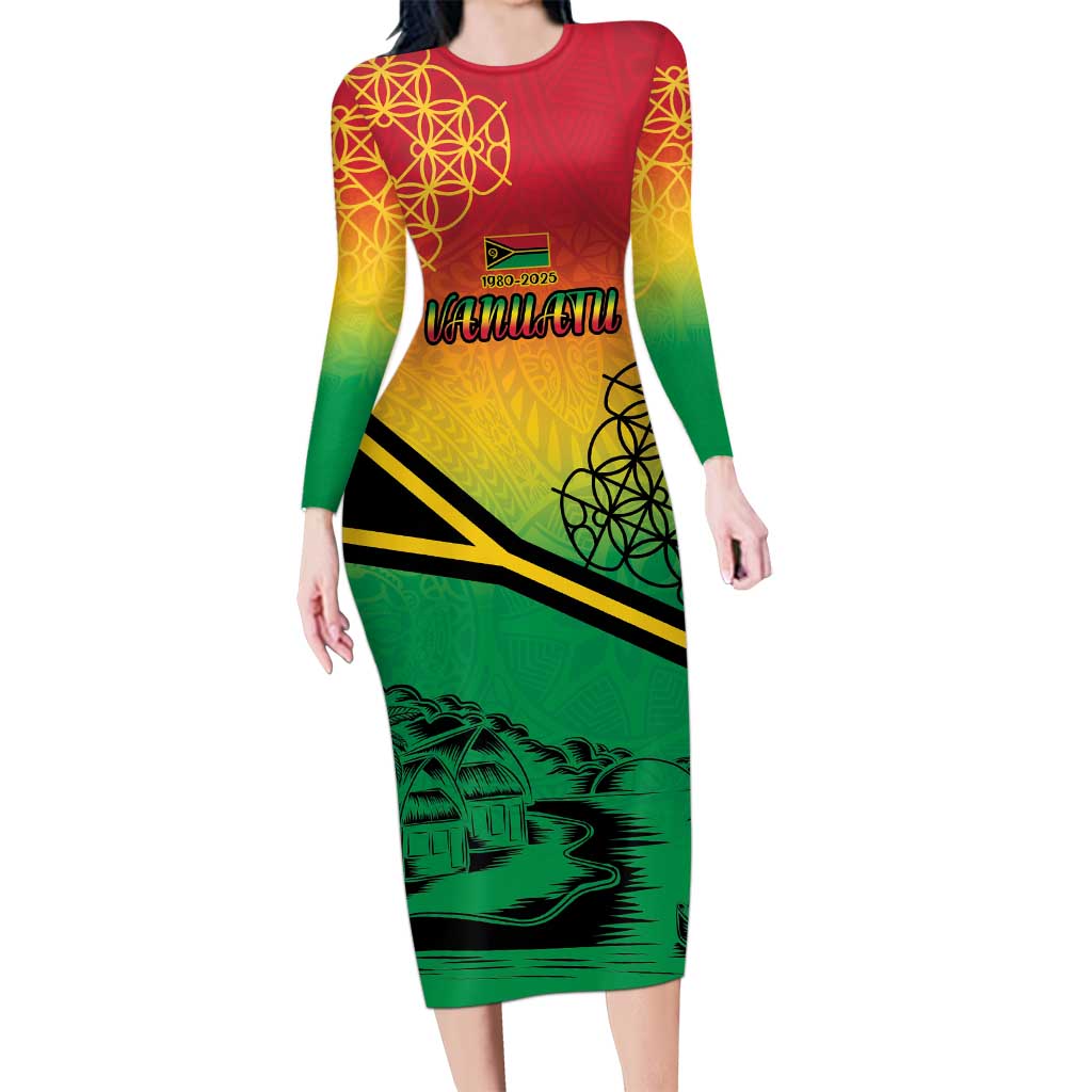 Hapi 45th Indipendens Dei Vanuatu Long Sleeve Bodycon Dress Yumi 1980 with Vanuatuan Beach Landscape