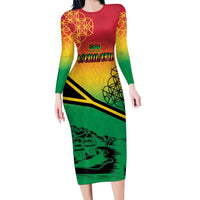 Hapi 45th Indipendens Dei Vanuatu Long Sleeve Bodycon Dress Yumi 1980 with Vanuatuan Beach Landscape