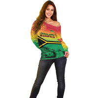 Hapi 45th Indipendens Dei Vanuatu Off Shoulder Sweater Yumi 1980 with Vanuatuan Beach Landscape