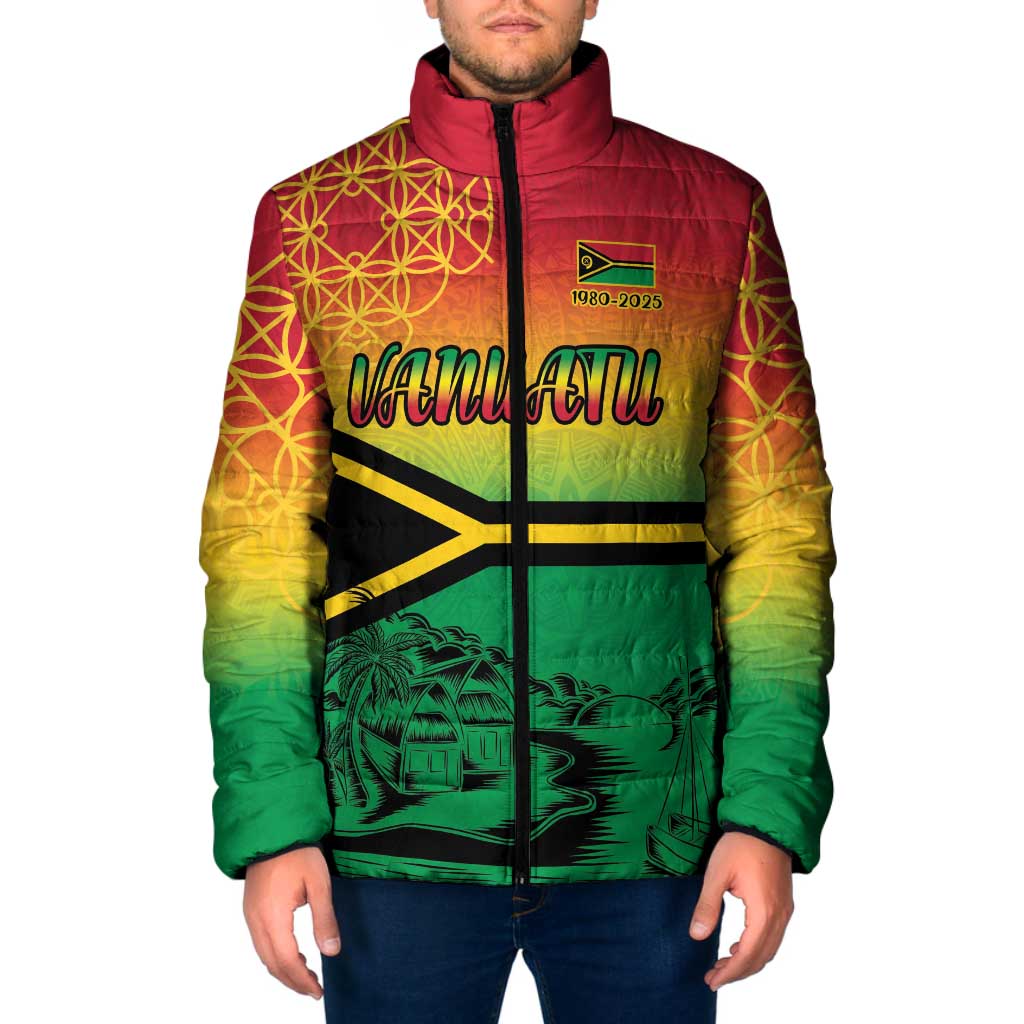 Hapi 45th Indipendens Dei Vanuatu Padded Jacket Yumi 1980 with Vanuatuan Beach Landscape - Polynesian Pride
