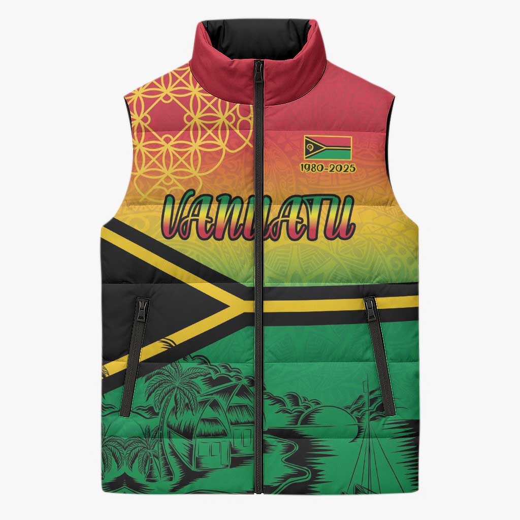 Hapi 45th Indipendens Dei Vanuatu Sleeveless Puffer Jacket Yumi 1980 with Vanuatuan Beach Landscape - Polynesian Pride