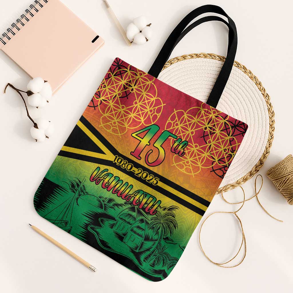 Hapi 45th Indipendens Dei Vanuatu Tote Bag Yumi 1980 with Vanuatuan Beach Landscape - Polynesian Pride