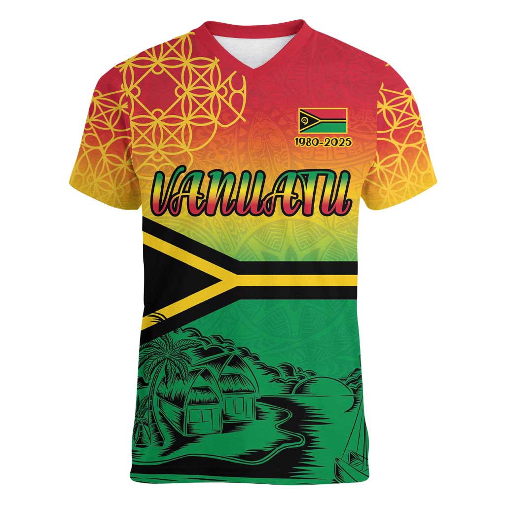 Hapi 45th Indipendens Dei Vanuatu Women V-Neck T-Shirt Yumi 1980 with Vanuatuan Beach Landscape