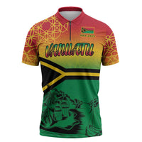 Hapi 45th Indipendens Dei Vanuatu Zipper Polo Shirt Yumi 1980 with Vanuatuan Beach Landscape - Polynesian Pride