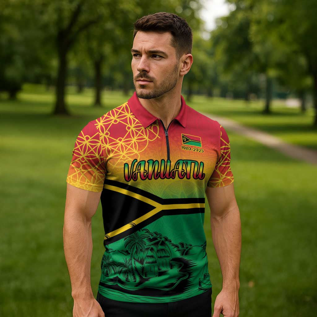 Hapi 45th Indipendens Dei Vanuatu Zipper Polo Shirt Yumi 1980 with Vanuatuan Beach Landscape - Polynesian Pride