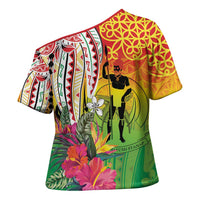 Vanuatu 45th Anniversary Cross Shoulder Shirt Polynesian with Sand Drawing Pattern - Polynesian Pride