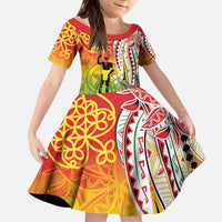 Vanuatu 45th Anniversary Kid Short Sleeve Dress Polynesian with Sand Drawing Pattern