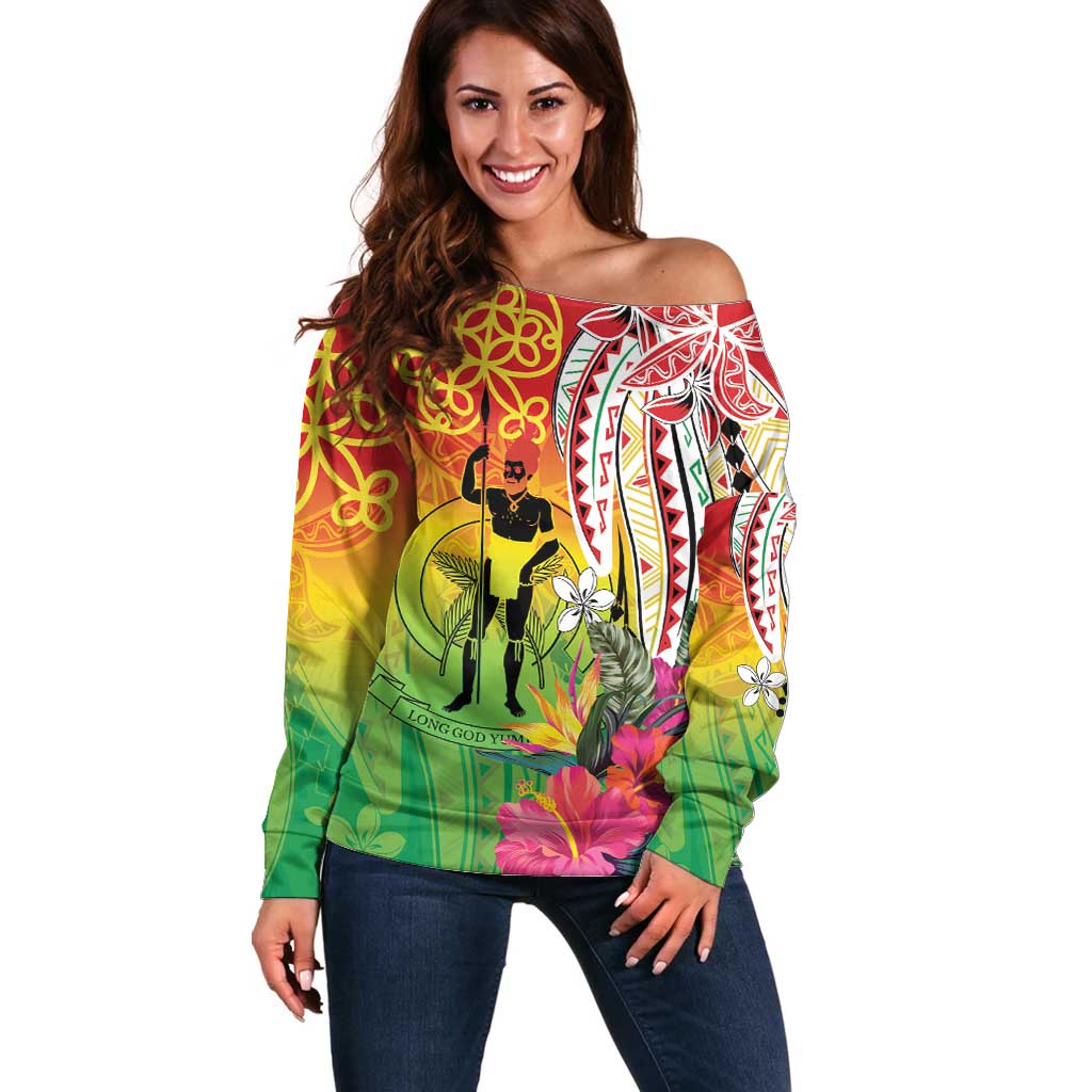Vanuatu 45th Anniversary Off Shoulder Sweater Polynesian with Sand Drawing Pattern