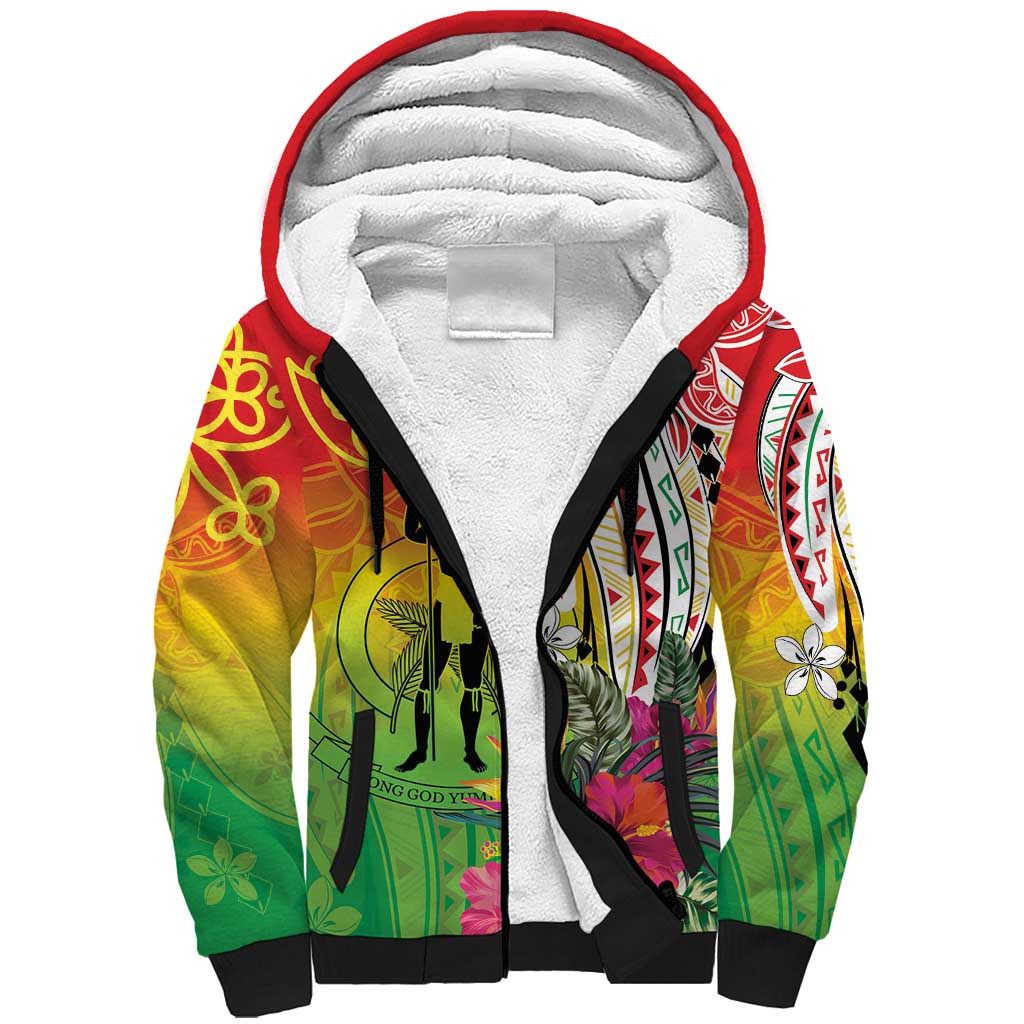 Vanuatu 45th Anniversary Sherpa Hoodie Polynesian with Sand Drawing Pattern
