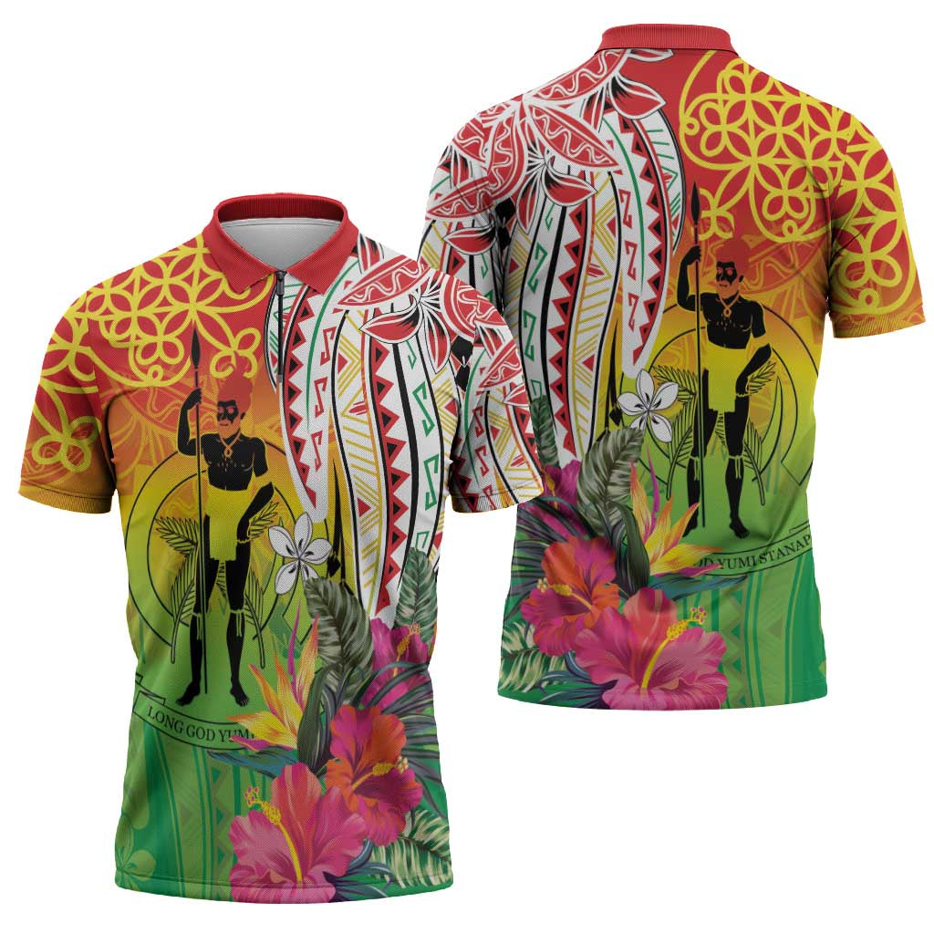 Vanuatu 45th Anniversary Zipper Polo Shirt Polynesian with Sand Drawing Pattern - Polynesian Pride