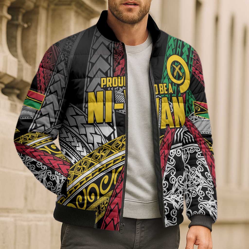 Vanuatu Proud to be Ni-van Personalised Bomber Puffer Jacket with Mutis En Atan Patterns - Polynesian Pride