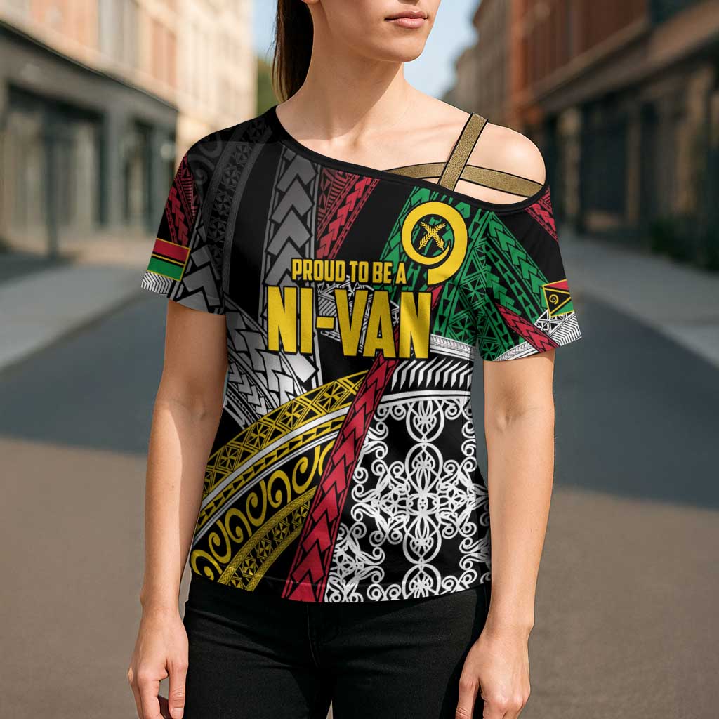 Vanuatu Proud to be Ni-van Personalised Cross Shoulder Shirt with Mutis En Atan Patterns - Polynesian Pride
