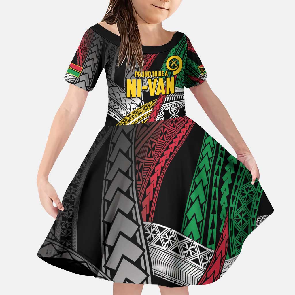 Vanuatu Proud to be Ni-van Personalised Family Matching Long Sleeve Bodycon Dress and Hawaiian Shirt with Mutis En Atan Patterns LT9 Daughter's Dress Black - Polynesian Pride