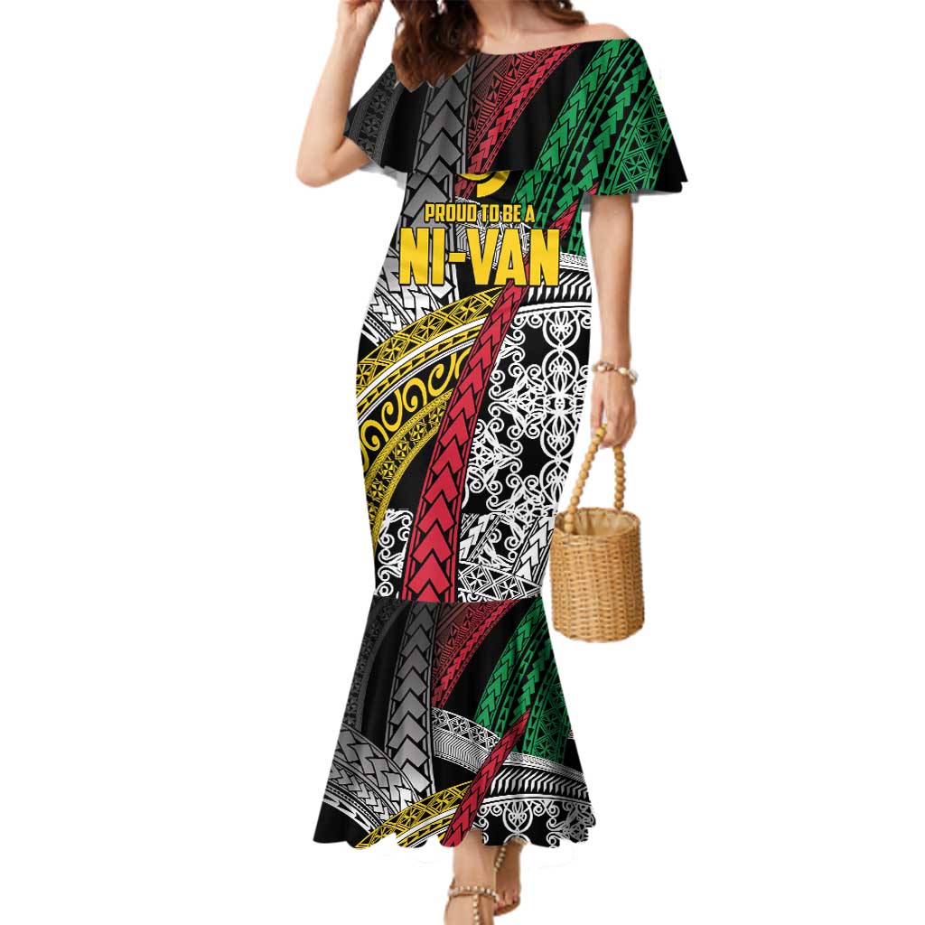 Vanuatu Proud to be Ni-van Personalised Family Matching Mermaid Dress and Hawaiian Shirt with Mutis En Atan Patterns LT9 Mom's Dress Black - Polynesian Pride