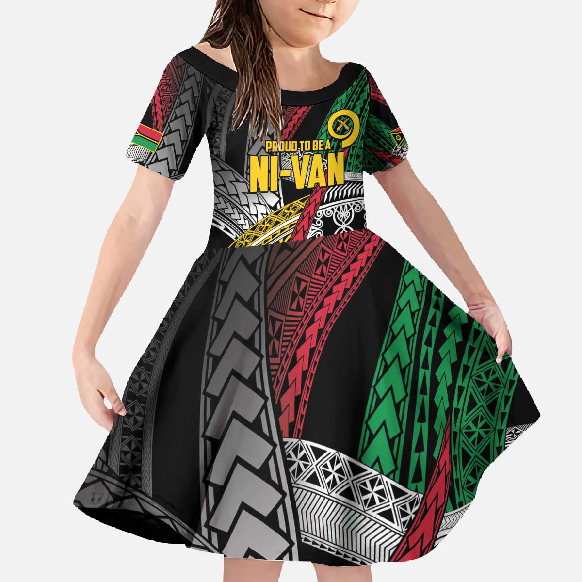 Vanuatu Proud to be Ni-van Personalised Family Matching Off The Shoulder Long Sleeve Dress and Hawaiian Shirt with Mutis En Atan Patterns LT9 Daughter's Dress Black - Polynesian Pride