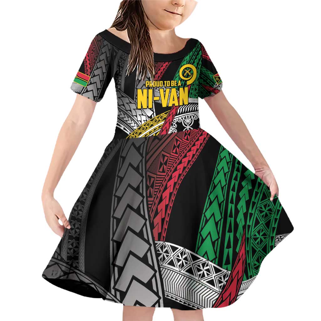 Vanuatu Proud to be Ni-van Personalised Family Matching Off Shoulder Short Dress and Hawaiian Shirt with Mutis En Atan Patterns LT9 Daughter's Dress Black - Polynesian Pride