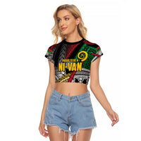 Vanuatu Proud to be Ni-van Personalised Raglan Cropped T Shirt with Mutis En Atan Patterns LT9 Female Black - Polynesian Pride