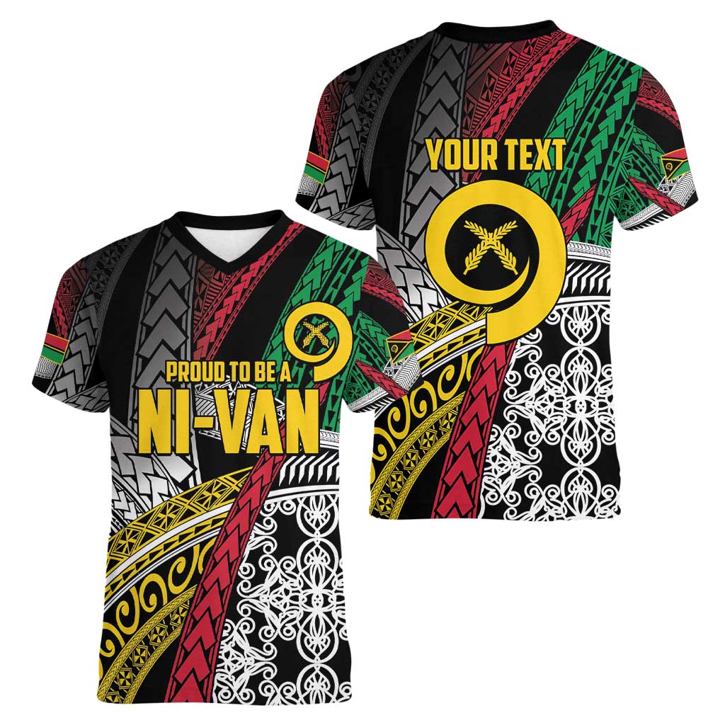 Vanuatu Proud to be Ni-van Personalised Women V-Neck T-Shirt with Mutis En Atan Patterns LT9 - Polynesian Pride