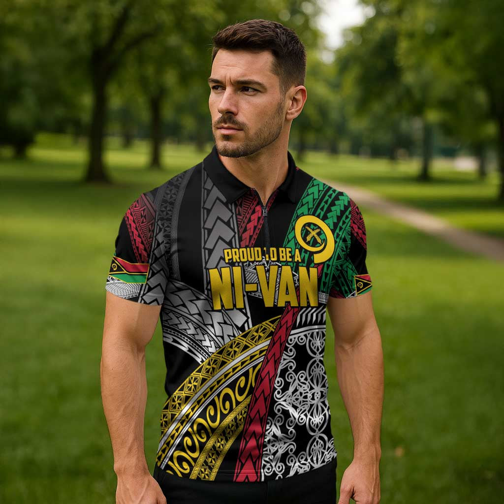 Vanuatu Proud to be Ni-van Personalised Zipper Polo Shirt with Mutis En Atan Patterns - Polynesian Pride