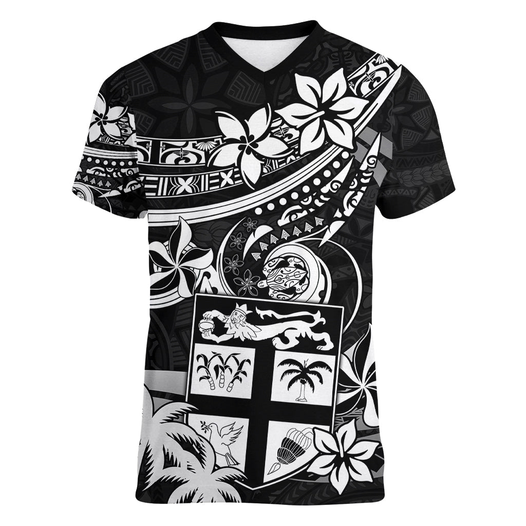 Fiji Islands Women V Neck T Shirt Coat of Arms Fijian Flower Polynesian Pattern - Black LT9 Female Black - Polynesian Pride
