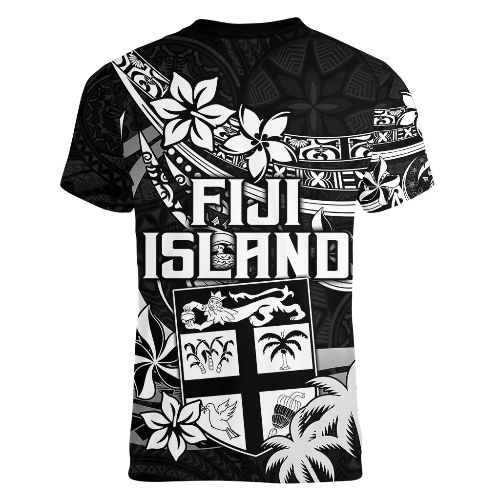 Fiji Islands Women V Neck T Shirt Coat of Arms Fijian Flower Polynesian Pattern - Black LT9 - Polynesian Pride