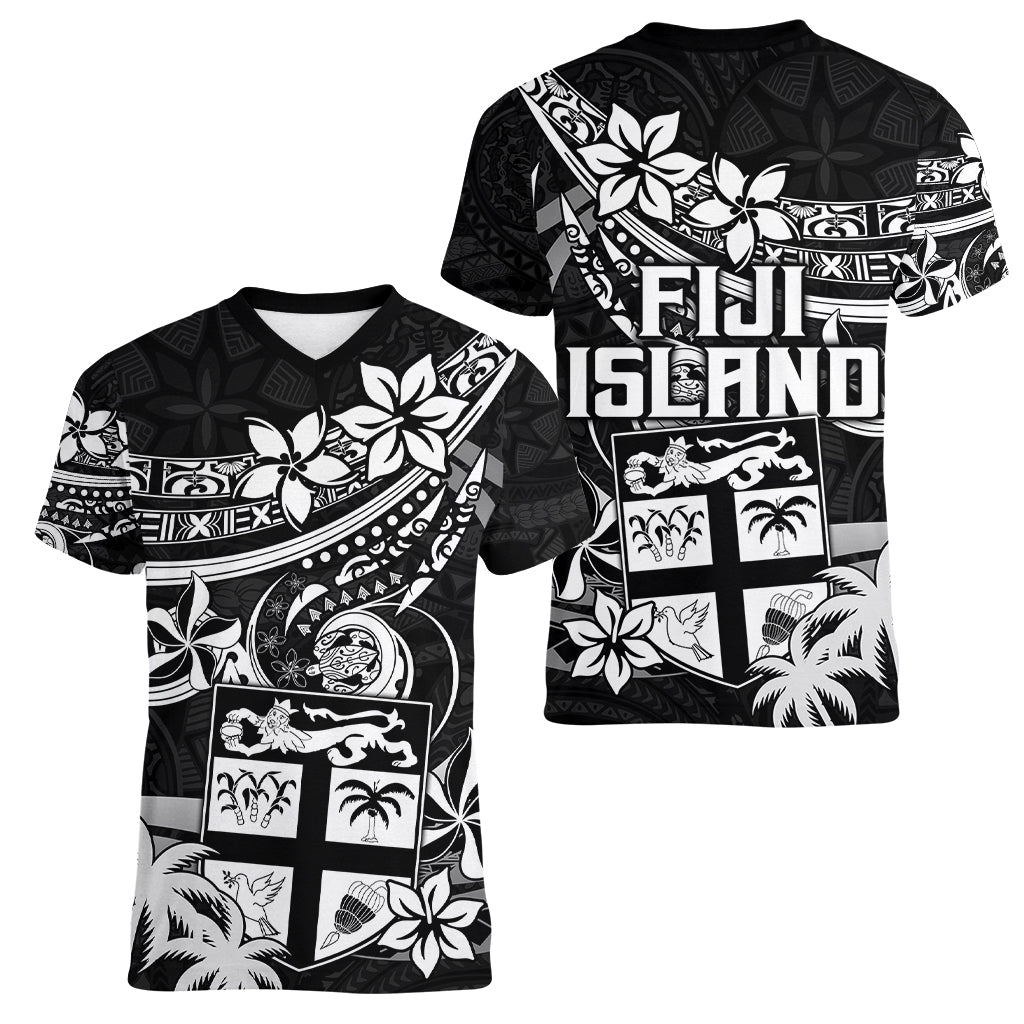 Fiji Islands Women V Neck T Shirt Coat of Arms Fijian Flower Polynesian Pattern - Black LT9 - Polynesian Pride