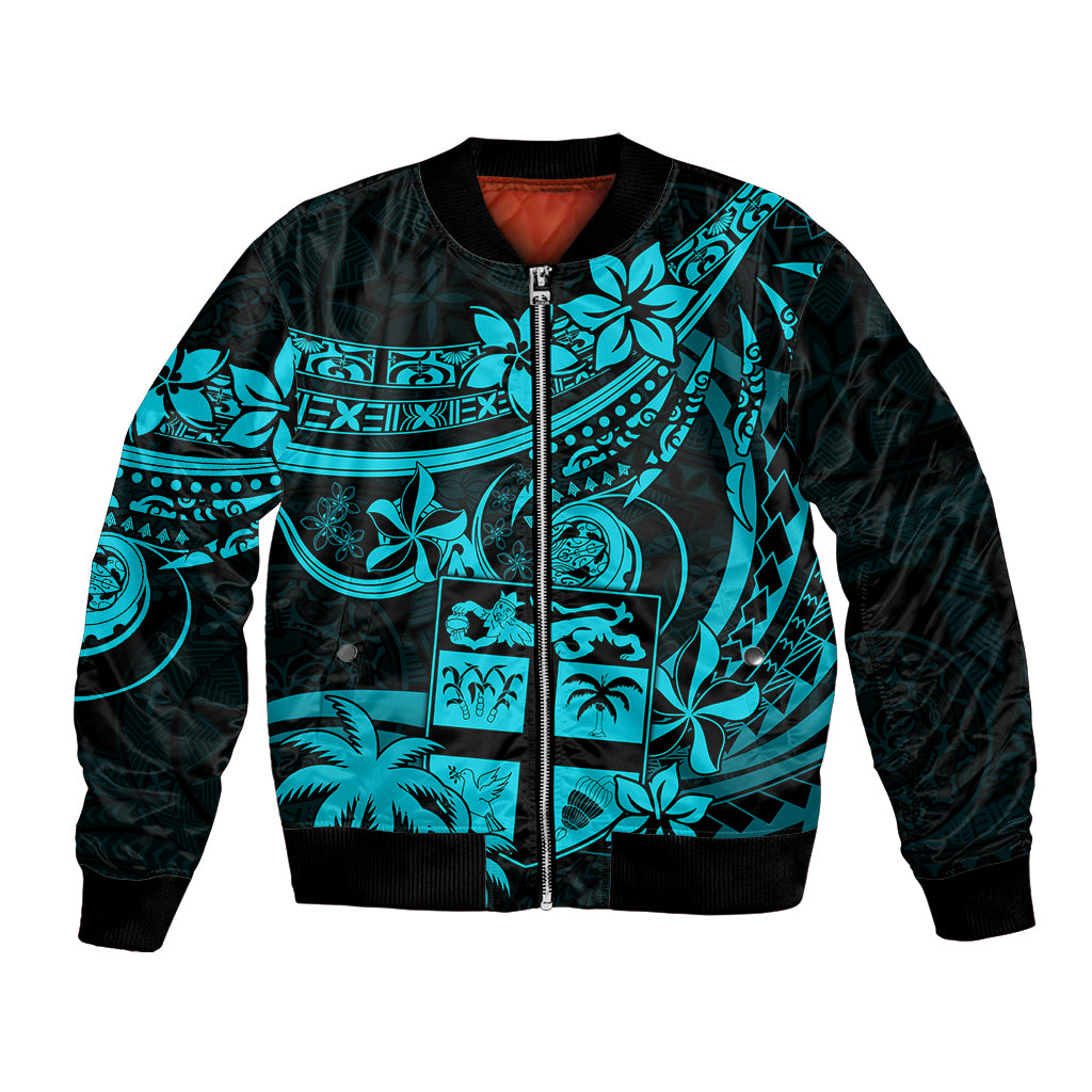 Fiji Islands Bomber Jacket Coat of Arms Fijian Flower Polynesian Pattern - Aqua LT9 Unisex Aqua - Polynesian Pride