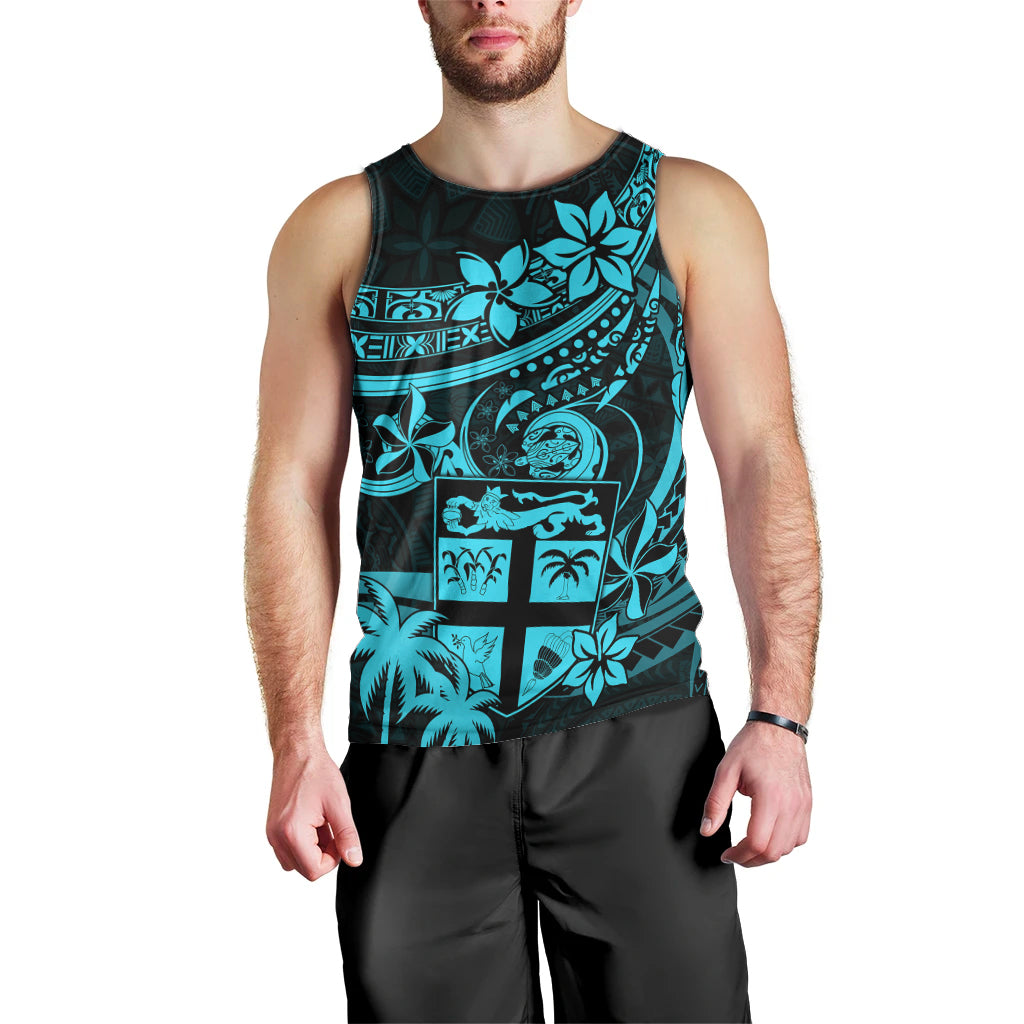 Fiji Islands Men Tank Top Coat of Arms Fijian Flower Polynesian Pattern - Aqua LT9 - Polynesian Pride