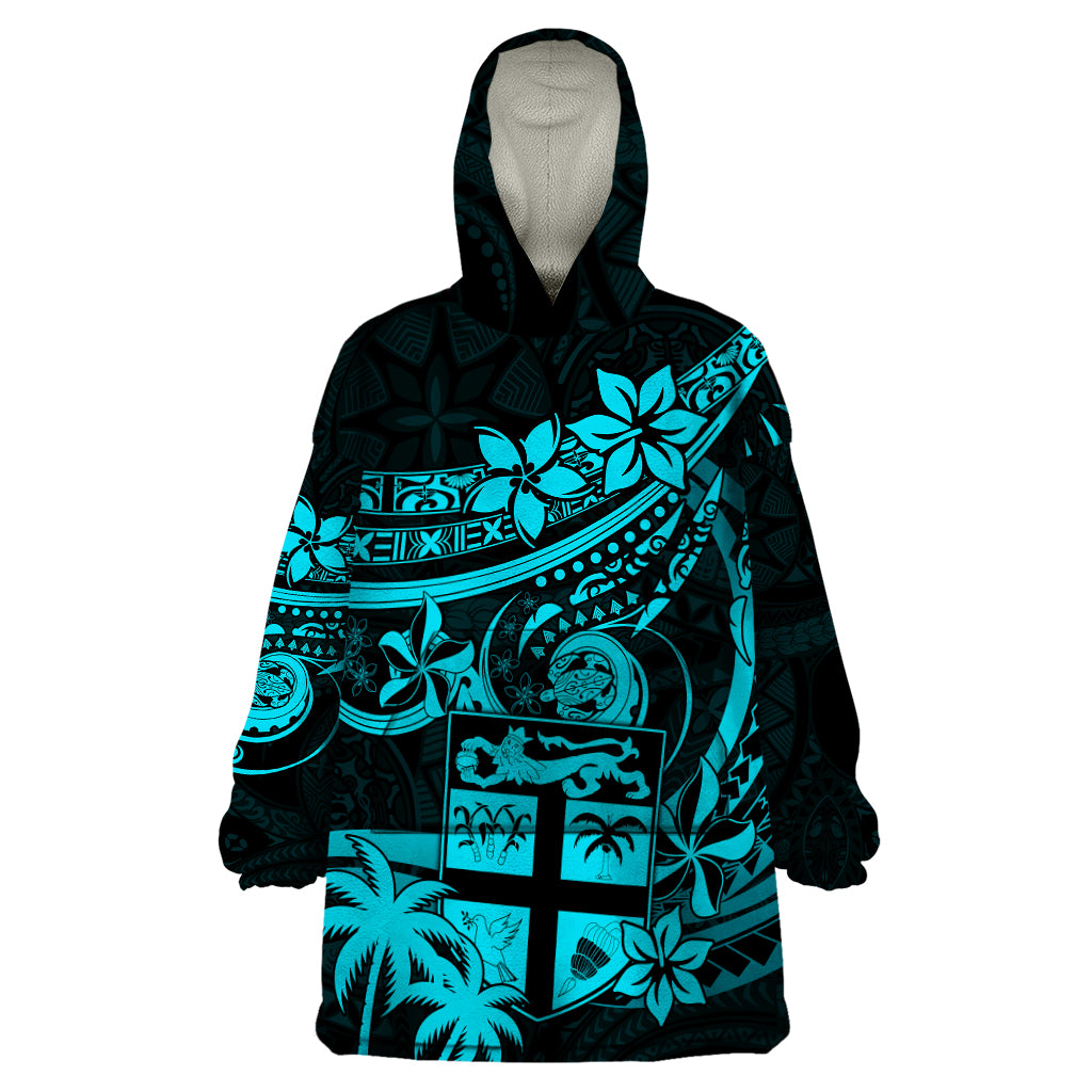 Fiji Islands Wearable Blanket Hoodie Coat of Arms Fijian Flower Polynesian Pattern - Aqua LT9 One Size Aqua - Polynesian Pride