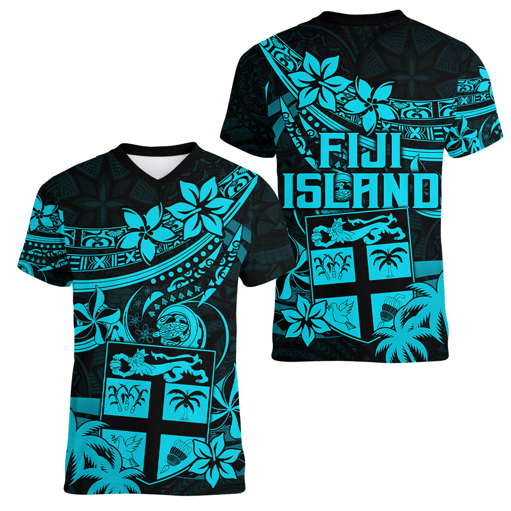 Fiji Islands Women V Neck T Shirt Coat of Arms Fijian Flower Polynesian Pattern - Aqua LT9 - Polynesian Pride