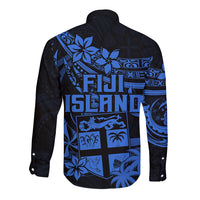 Fiji Islands Long Sleeve Button Shirt Coat of Arms Fijian Flower Polynesian Pattern - Blue LT9 - Polynesian Pride