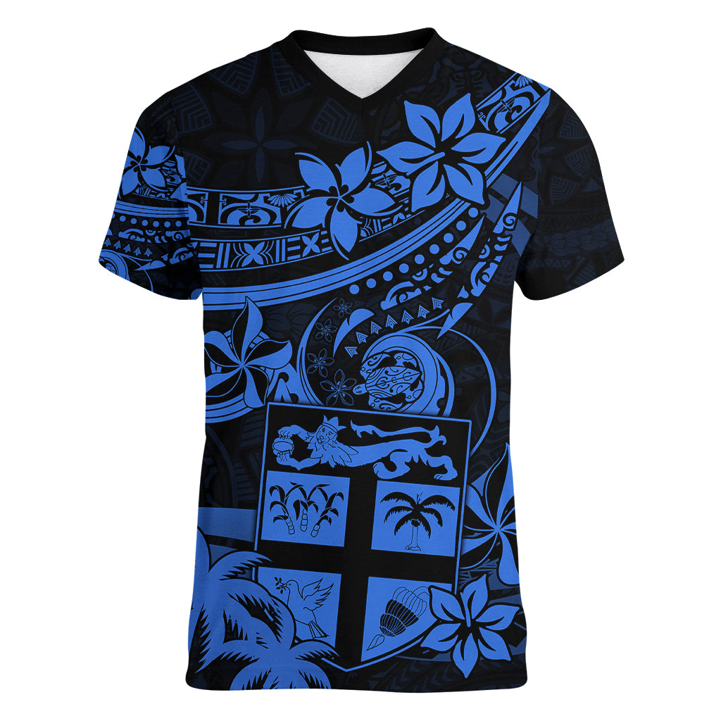 Fiji Islands Women V Neck T Shirt Coat of Arms Fijian Flower Polynesian Pattern - Blue LT9 Female Blue - Polynesian Pride
