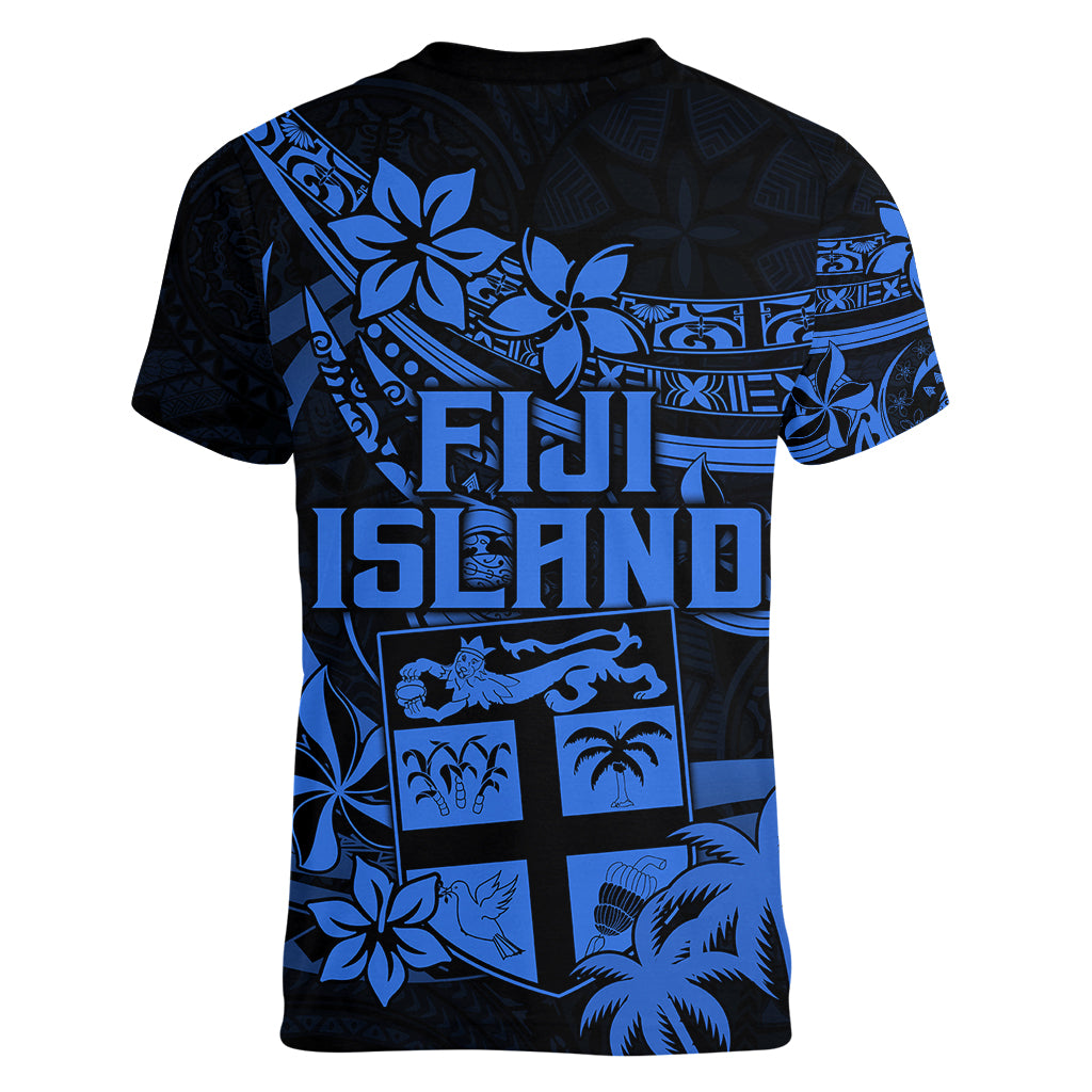 Fiji Islands Women V Neck T Shirt Coat of Arms Fijian Flower Polynesian Pattern - Blue LT9 - Polynesian Pride