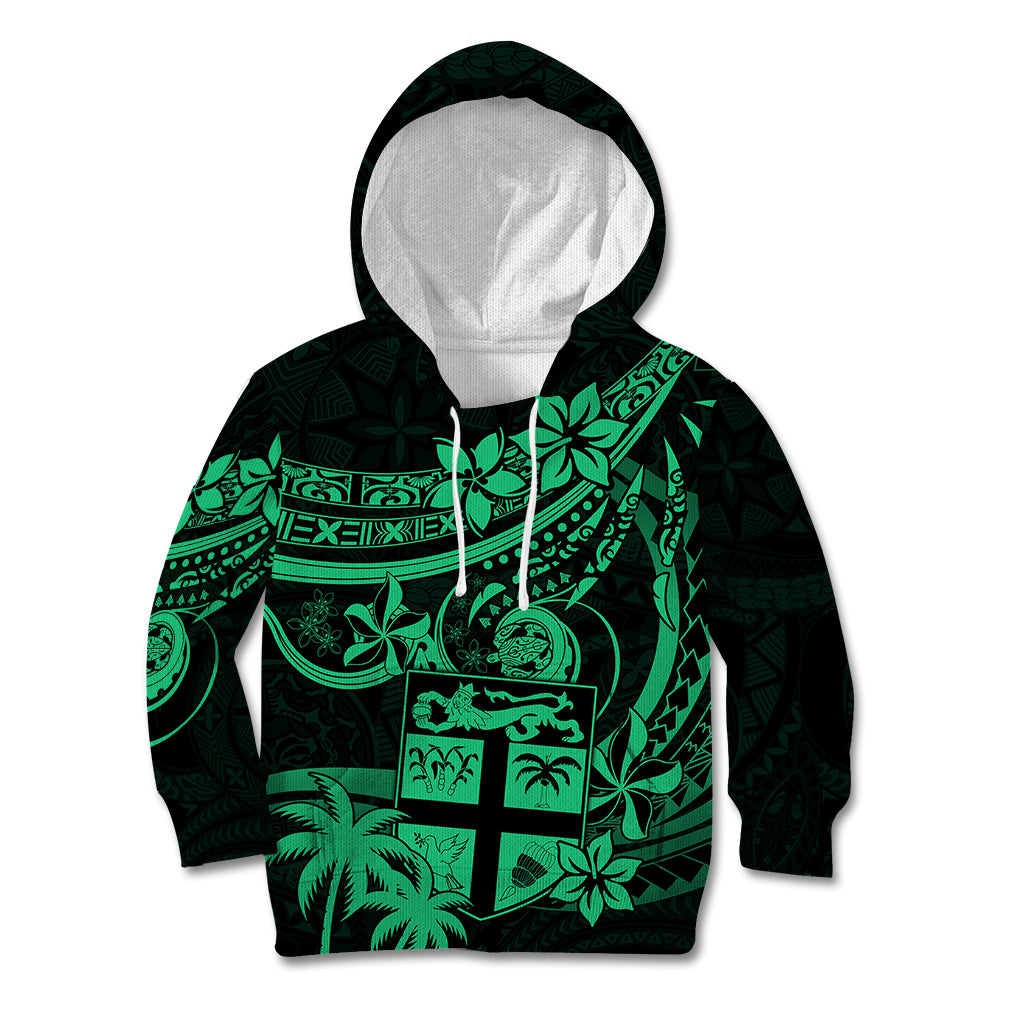 Fiji Islands Kid Hoodie Coat of Arms Fijian Flower Polynesian Pattern - Green LT9 Green - Polynesian Pride