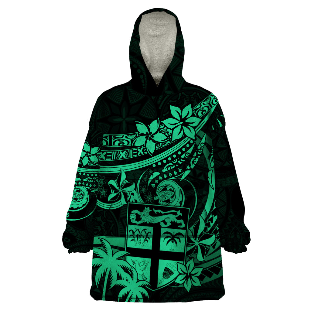 Fiji Islands Wearable Blanket Hoodie Coat of Arms Fijian Flower Polynesian Pattern - Green LT9 One Size Green - Polynesian Pride