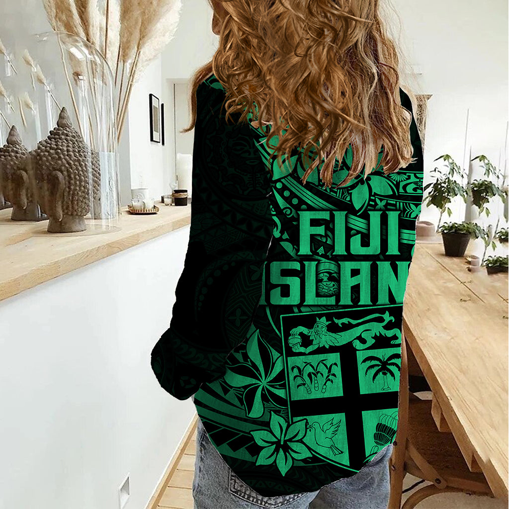 Fiji Islands Women Casual Shirt Coat of Arms Fijian Flower Polynesian Pattern - Green LT9 - Polynesian Pride