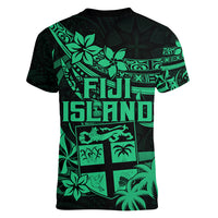Fiji Islands Women V Neck T Shirt Coat of Arms Fijian Flower Polynesian Pattern - Green LT9 - Polynesian Pride