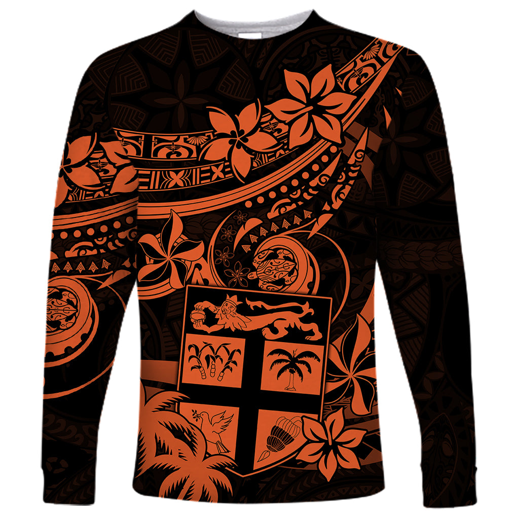 Fiji Islands Long Sleeve Shirt Coat of Arms Fijian Flower Polynesian Pattern - Orange LT9 Unisex Orange - Polynesian Pride