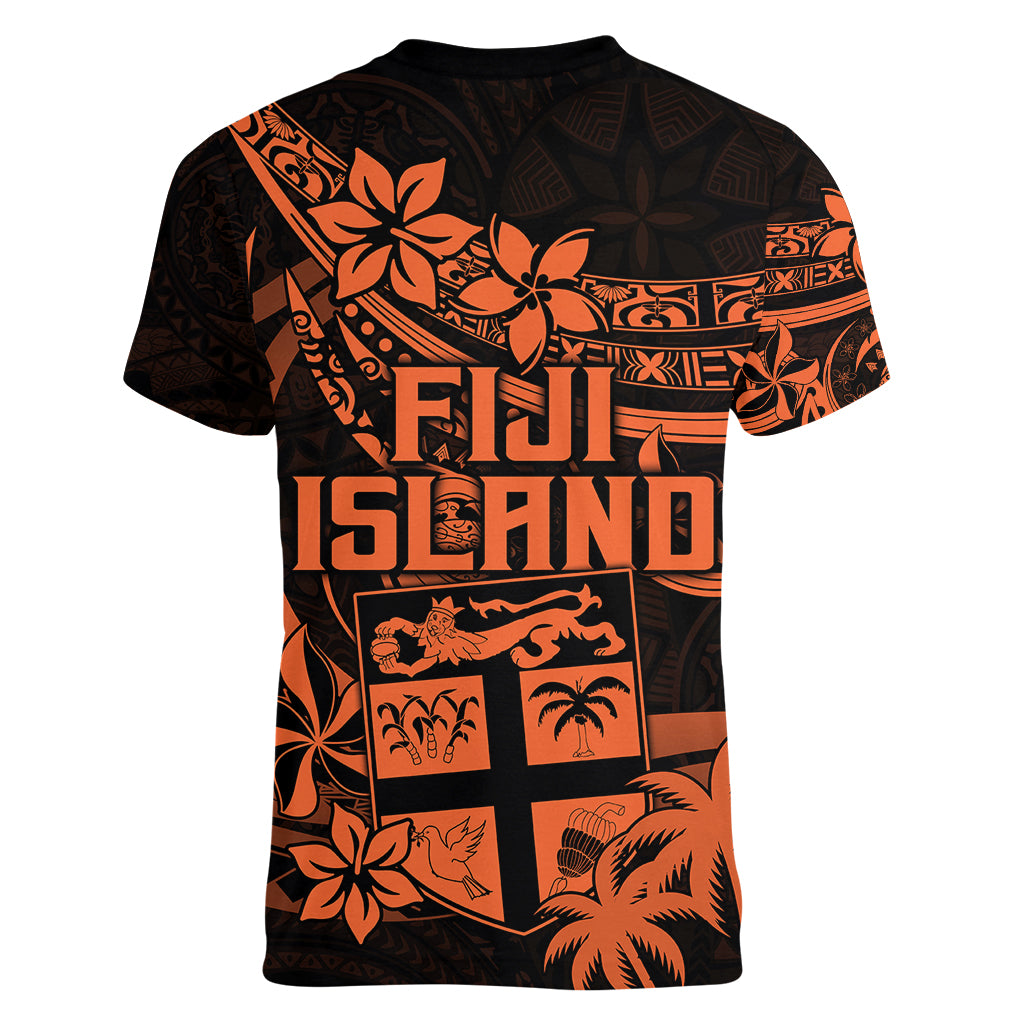 Fiji Islands Women V Neck T Shirt Coat of Arms Fijian Flower Polynesian Pattern - Orange LT9 - Polynesian Pride