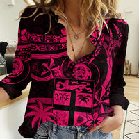 Fiji Islands Women Casual Shirt Coat of Arms Fijian Flower Polynesian Pattern - Pink LT9 Female Pink - Polynesian Pride