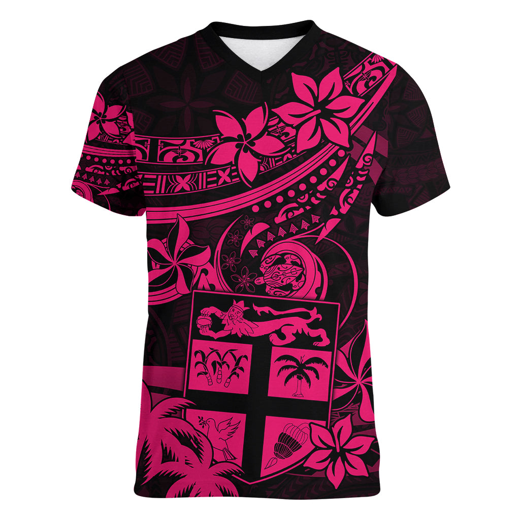 Fiji Islands Women V Neck T Shirt Coat of Arms Fijian Flower Polynesian Pattern - Pink LT9 Female Pink - Polynesian Pride