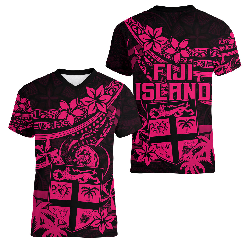 Fiji Islands Women V Neck T Shirt Coat of Arms Fijian Flower Polynesian Pattern - Pink LT9 - Polynesian Pride